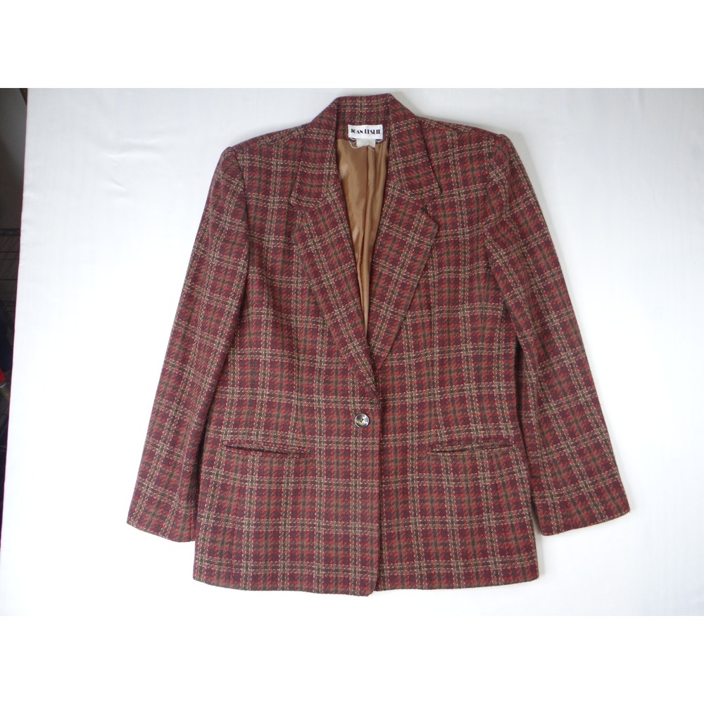 Vintage Joan Leslie Women's Plaid‎ Blazer Jacket Sz14 Red Brown Gold Tweed Lined